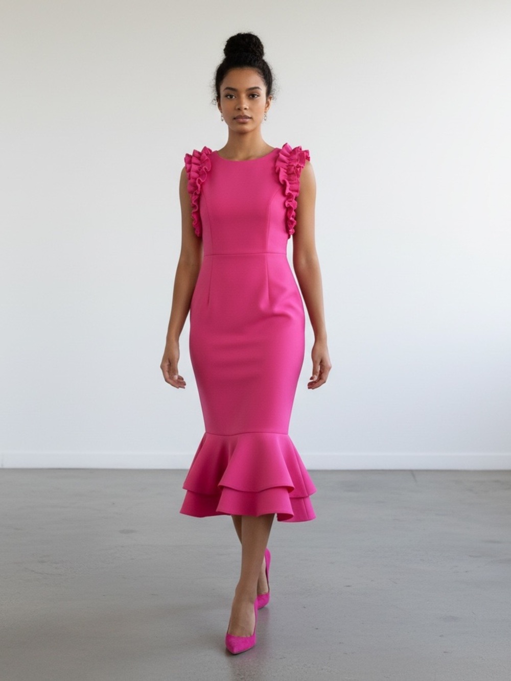 Sleeveless Fuchsia Ruffle Bodycon Midi Dress With Mermaid Hem S